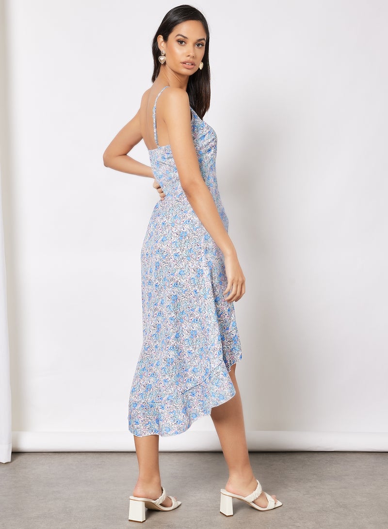 Aila - Casual Straps V-Neck Open Back Printed Midi Dress with Ruffle Hem Blue - Image 1