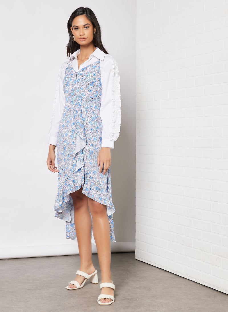 Aila - Casual Straps V-Neck Open Back Printed Midi Dress with Ruffle Hem Blue - Image 1