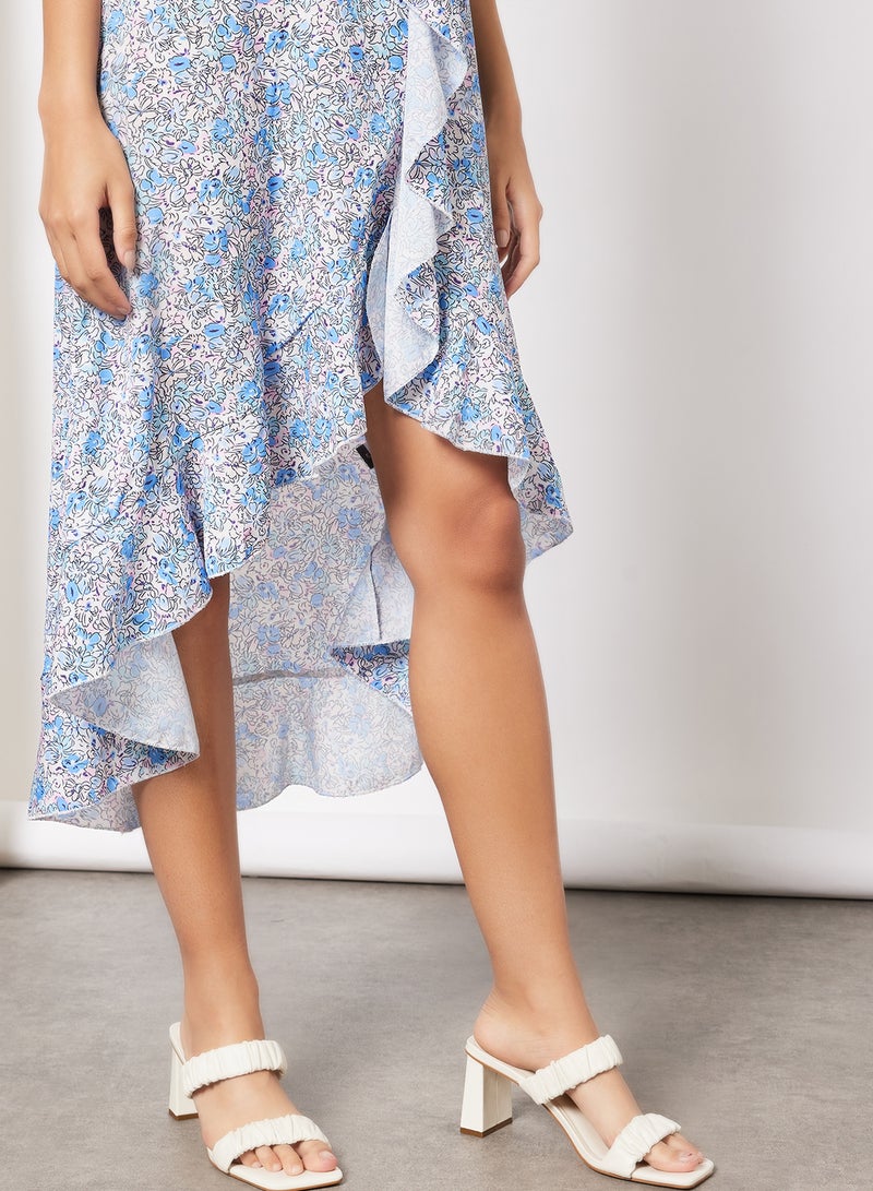 Aila - Casual Straps V-Neck Open Back Printed Midi Dress with Ruffle Hem Blue - Image 1
