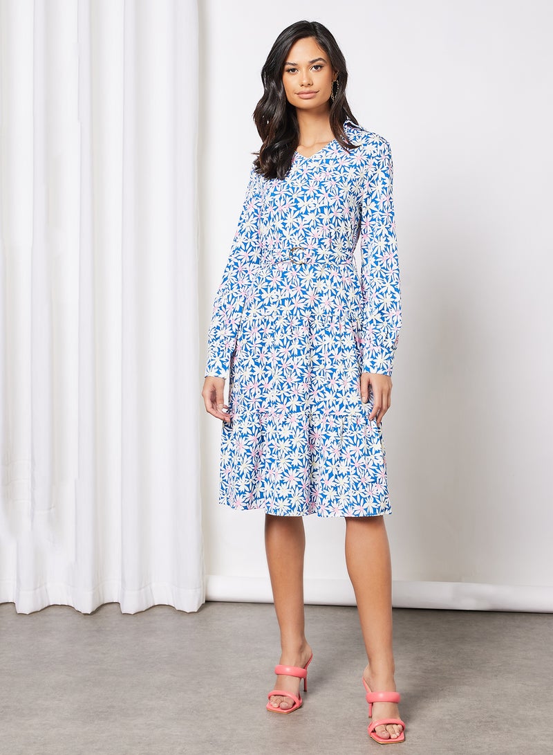 Aila - Casual V-Neck Long Sleeve Floral Print Midi Dress With Waist Belt Blue - Image 1