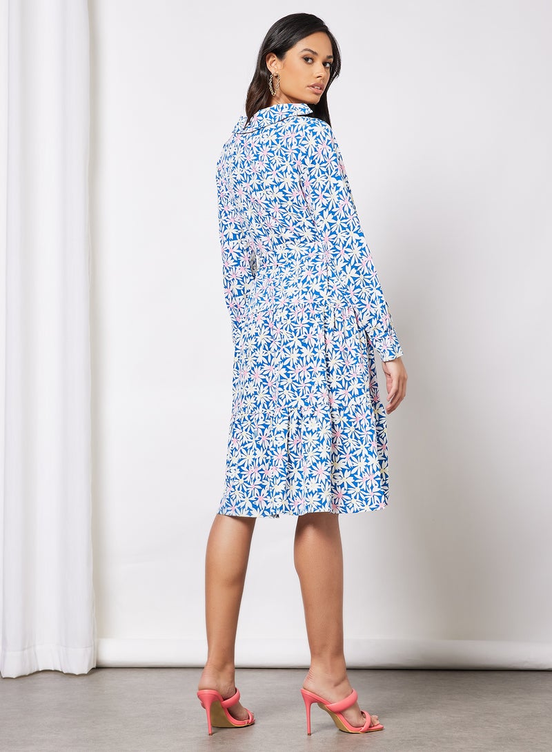 Aila - Casual V-Neck Long Sleeve Floral Print Midi Dress With Waist Belt Blue - Image 1