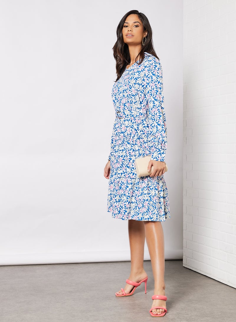 Aila - Casual V-Neck Long Sleeve Floral Print Midi Dress With Waist Belt Blue - Image 1