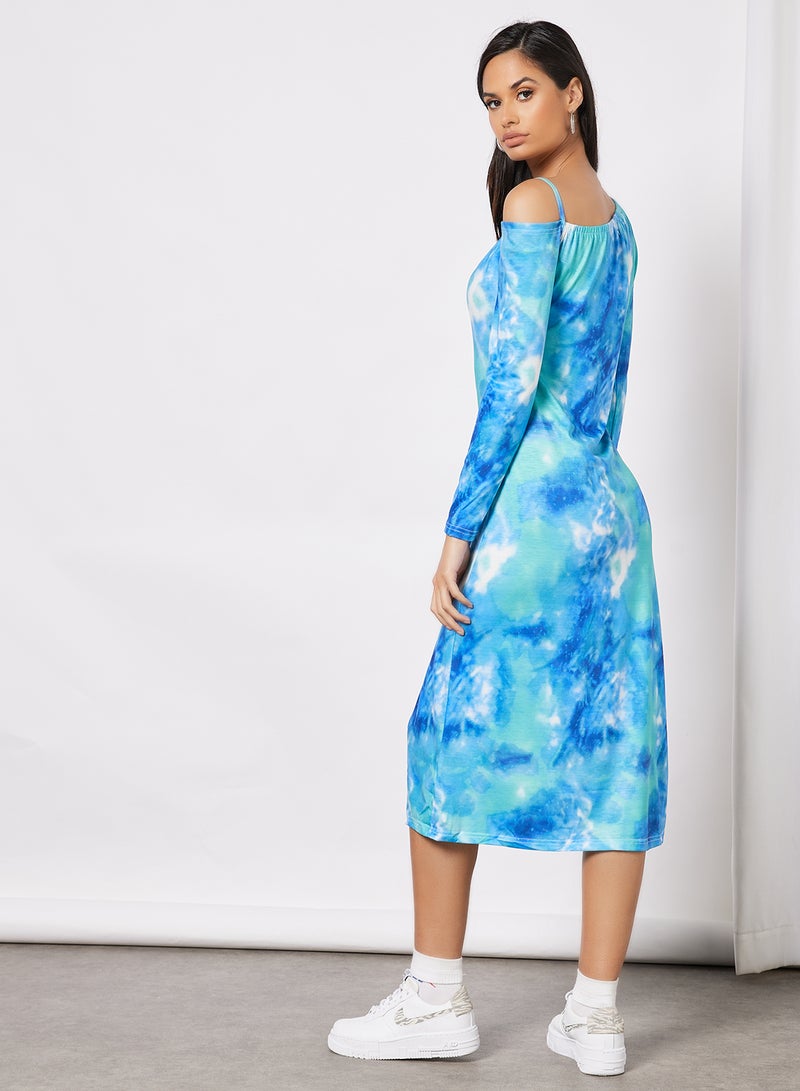 Aila - Casual One Shoulder Long Sleeve Side Slit Tie Dye Midi Dress 3 Blue Print - Image 1