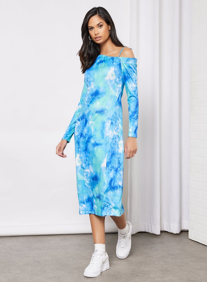 Aila - Casual One Shoulder Long Sleeve Side Slit Tie Dye Midi Dress 3 Blue Print - Image 1