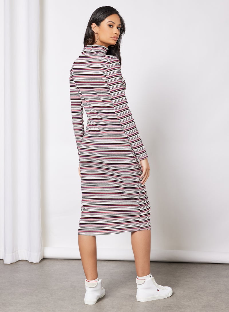 Aila Casual Polyester Long Sleeve Bodycon Midi Dress With Turtle Neck High Slit Hem Stripes Pattern 5 Red Stp  - Image 2
