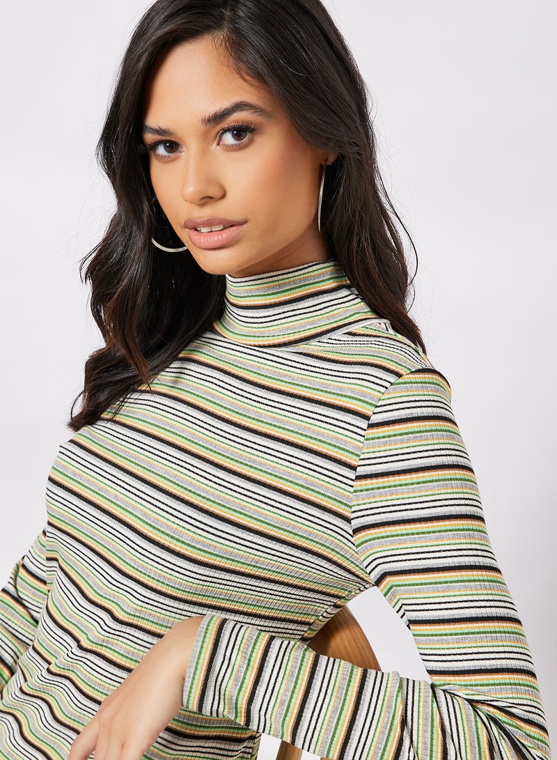 Aila - Casual Polyester Long Sleeve Bodycon Midi Dress With Turtle Neck High Slit Hem Stripes Pattern 4 Green Stp - Image 1