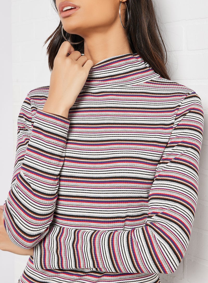 Aila Casual Polyester Long Sleeve Bodycon Midi Dress With Turtle Neck High Slit Hem Stripes Pattern 5 Red Stp  - Image 3