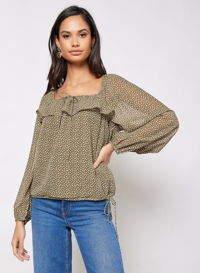 Aila Casual Flowy Frill Square Neck Blouse Light Green  - Image 1