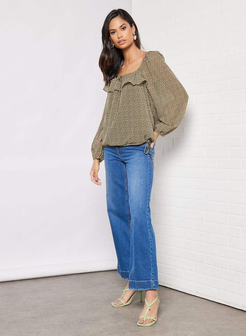 Aila Casual Flowy Frill Square Neck Blouse Light Green  - Image 4