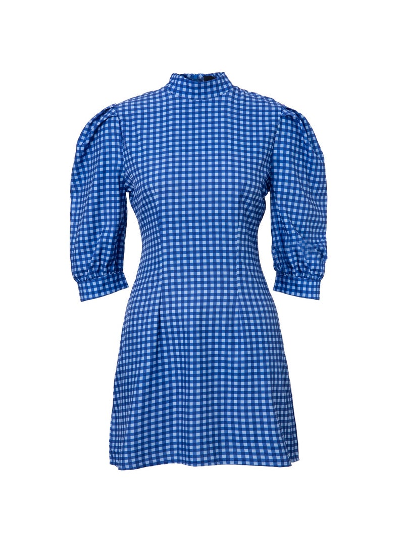 Aila Puff Sleeve Check Dress Blue  - Image 1