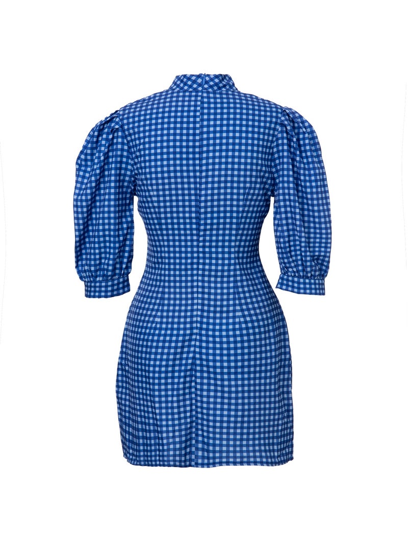 Aila Puff Sleeve Check Dress Blue  - Image 2