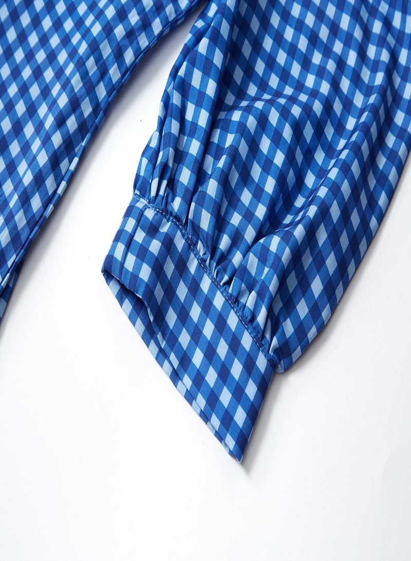 Aila Puff Sleeve Check Dress Blue  - Image 3