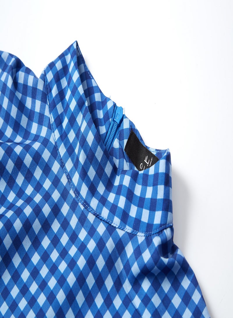 Aila Puff Sleeve Check Dress Blue  - Image 5