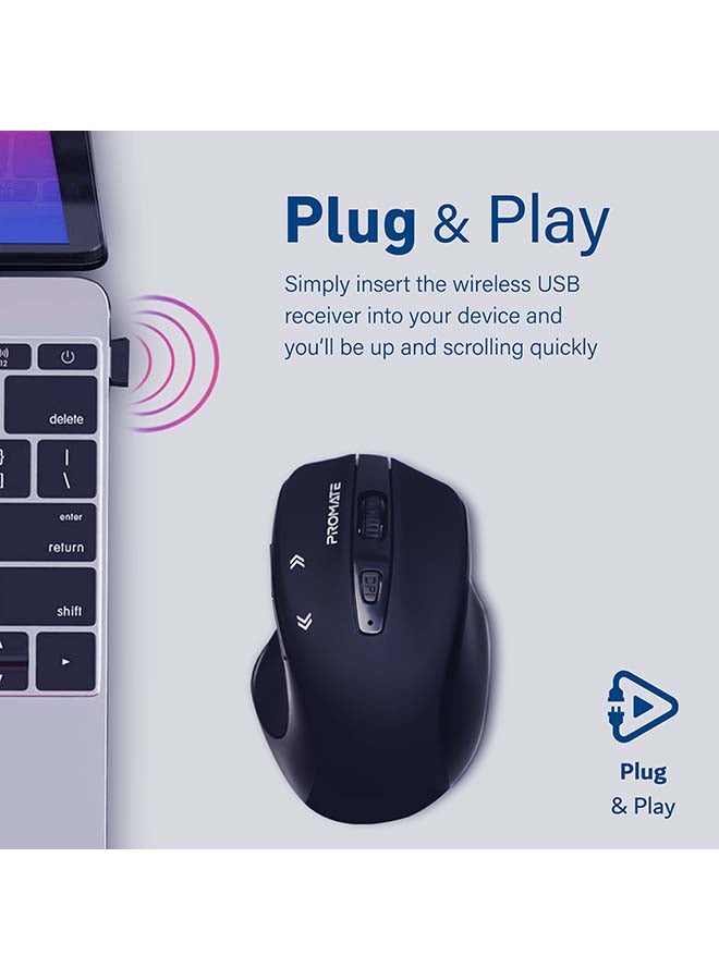 PROMATE - 1600DPI Portable 2.4Ghz Precision Tracking EZGrip Ergonomic Mouse with 10m Range, Nano USB Receiver, Adjustable DPI Switch and 6 Programmable Buttons Black - Image 1
