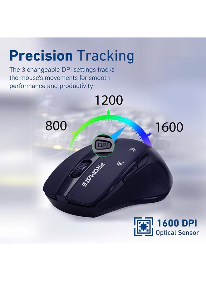 PROMATE - 1600DPI Portable 2.4Ghz Precision Tracking EZGrip Ergonomic Mouse with 10m Range, Nano USB Receiver, Adjustable DPI Switch and 6 Programmable Buttons Black - Image 1