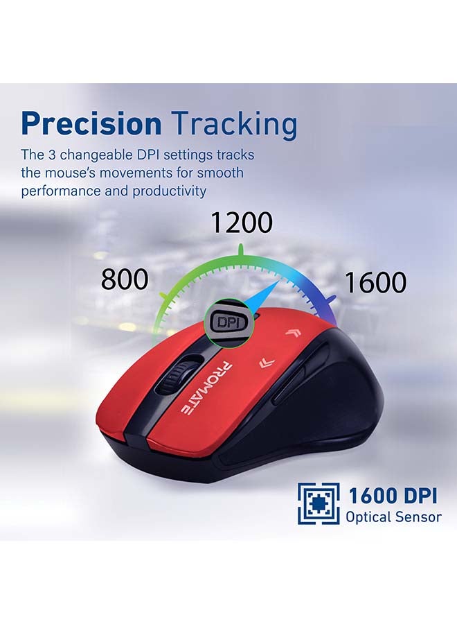 بروميت - ماوس إذ جريب مريح بتصميم محمول مع دقة 1600 DPI وتتبع دقيق بمعدل 2.4 جيجاهرتز ونطاق تشغيل لمسافة 10 أمتار ومستقبل USB بتقنية نانو وزر DPI قابل للتعديل وعدد 6 أزرار قابلة للبرمجة أحمر - Image 1