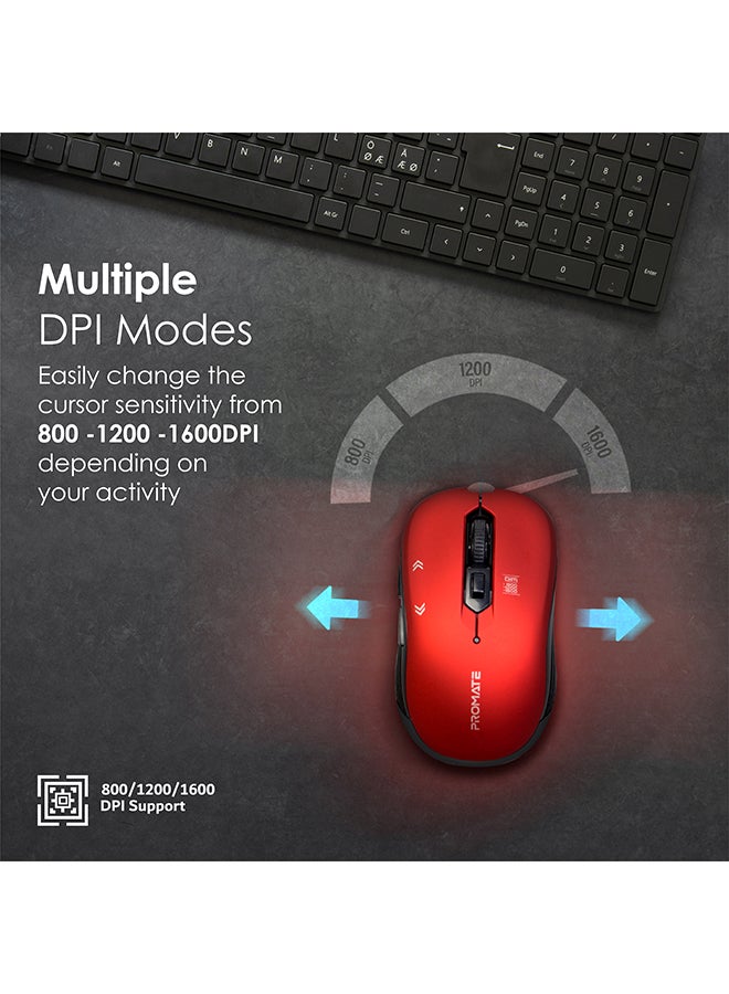 بروميت - ماوس محمول بتتبع بصري 2.4 جيجاهرتز مع مستقبل USB صغير وزر DPI‏ 800/1200/1600 مع نطاق تشغيل يبلغ 10 أمتار وعدد 6 أمتار قابلة للبرمجة أحمر - Image 1