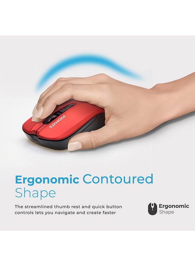 PROMATE - Ambidextrous 2.4Ghz High-Precision Optical Mouse with 10m Range, Nano USB Receiver, 1600DPI DPI Switch and 4 Programmable Buttons Red - Image 1