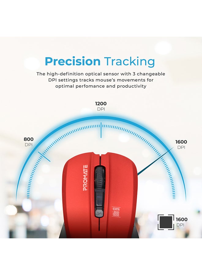 PROMATE - Ambidextrous 2.4Ghz High-Precision Optical Mouse with 10m Range, Nano USB Receiver, 1600DPI DPI Switch and 4 Programmable Buttons Red - Image 1