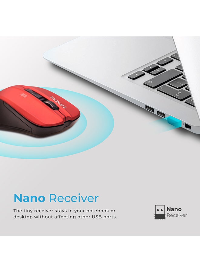 PROMATE - Ambidextrous 2.4Ghz High-Precision Optical Mouse with 10m Range, Nano USB Receiver, 1600DPI DPI Switch and 4 Programmable Buttons Red - Image 1
