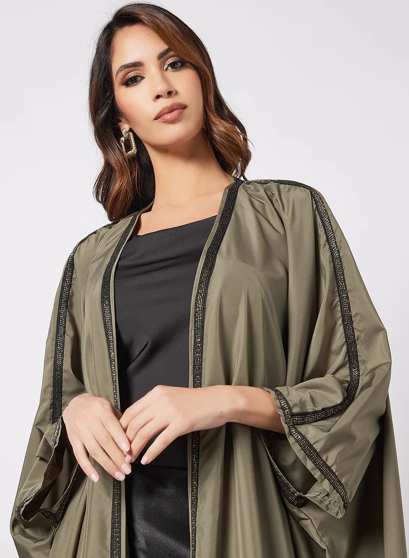 Coco Desert Sequins Embroidered Trim Abaya Forest Green