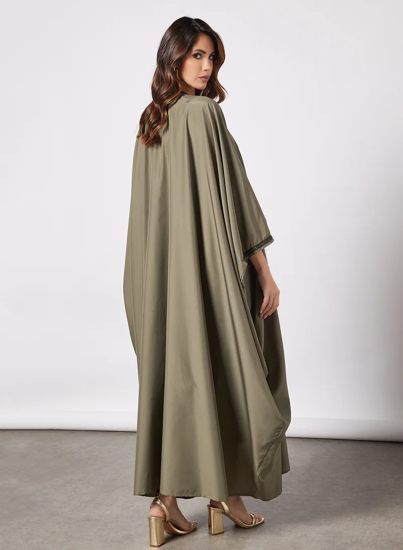 Coco Desert Sequins Embroidered Trim Abaya Forest Green