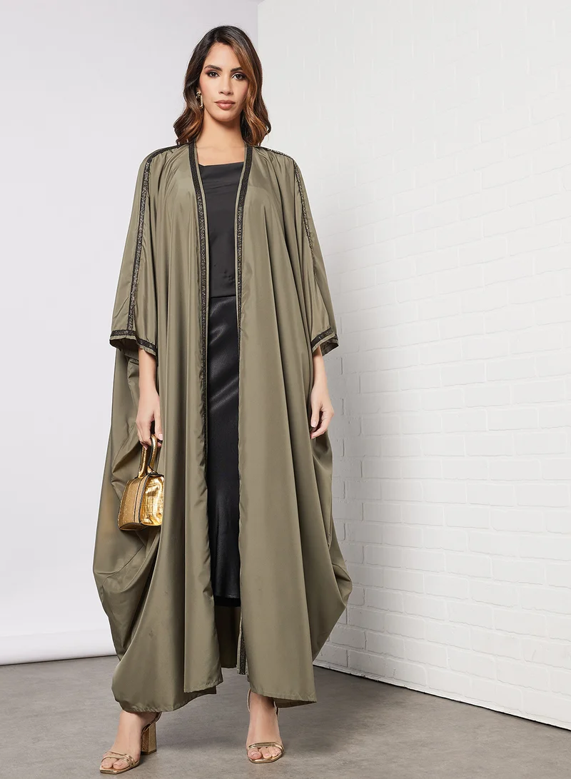 Coco Desert Sequins Embroidered Trim Abaya Forest Green