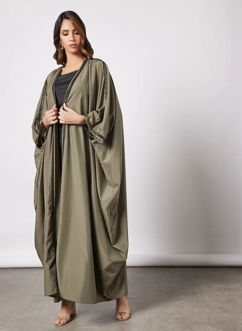Coco Desert Sequins Embroidered Trim Abaya Forest Green