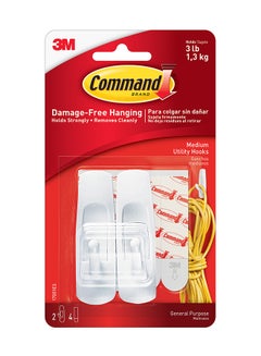 3M Command 17001ES Utility Medium Holds 1.36 Kg Each Hook Set 2xHooks And 4xStrips/Pack White  - Image 1