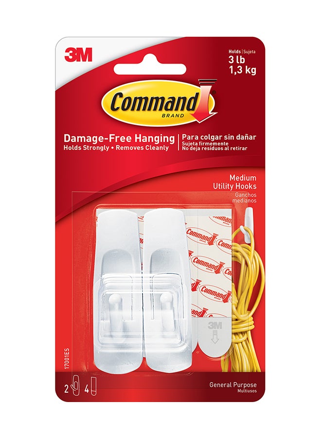 3M - Command 17001ES Utility Medium Holds 1.36 Kg Each Hook Set 2xHooks And 4xStrips/Pack White - Image 1