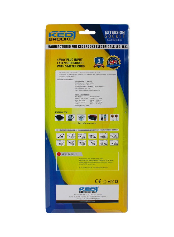 KEDBROOKE 4-Way Plug Input Extension Socket White 5meter - Image 2