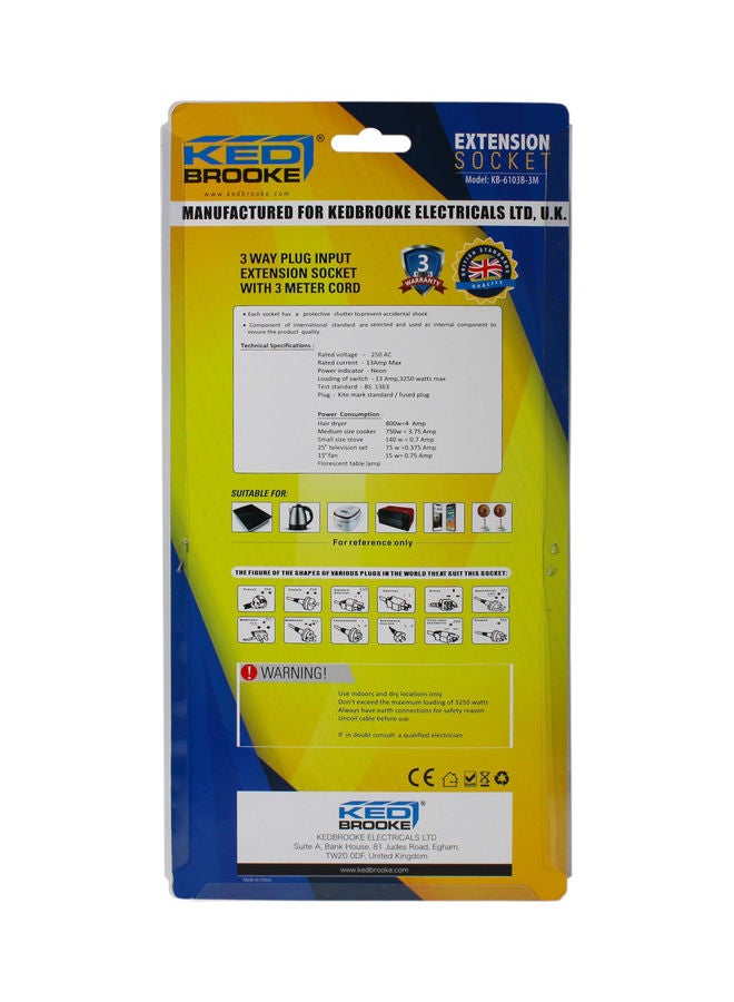 KEDBROOKE 3-Way Plug Input Extension Socket White  - Image 2