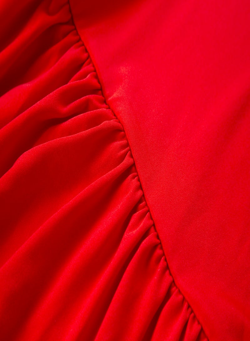 Aila Women V-Neck Long Puff Sleeve Ruffle Hem Dress Red  - Image 5