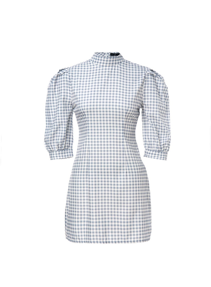 Aila Puff Sleeve Check Dress BLUE/WHITE  - Image 1