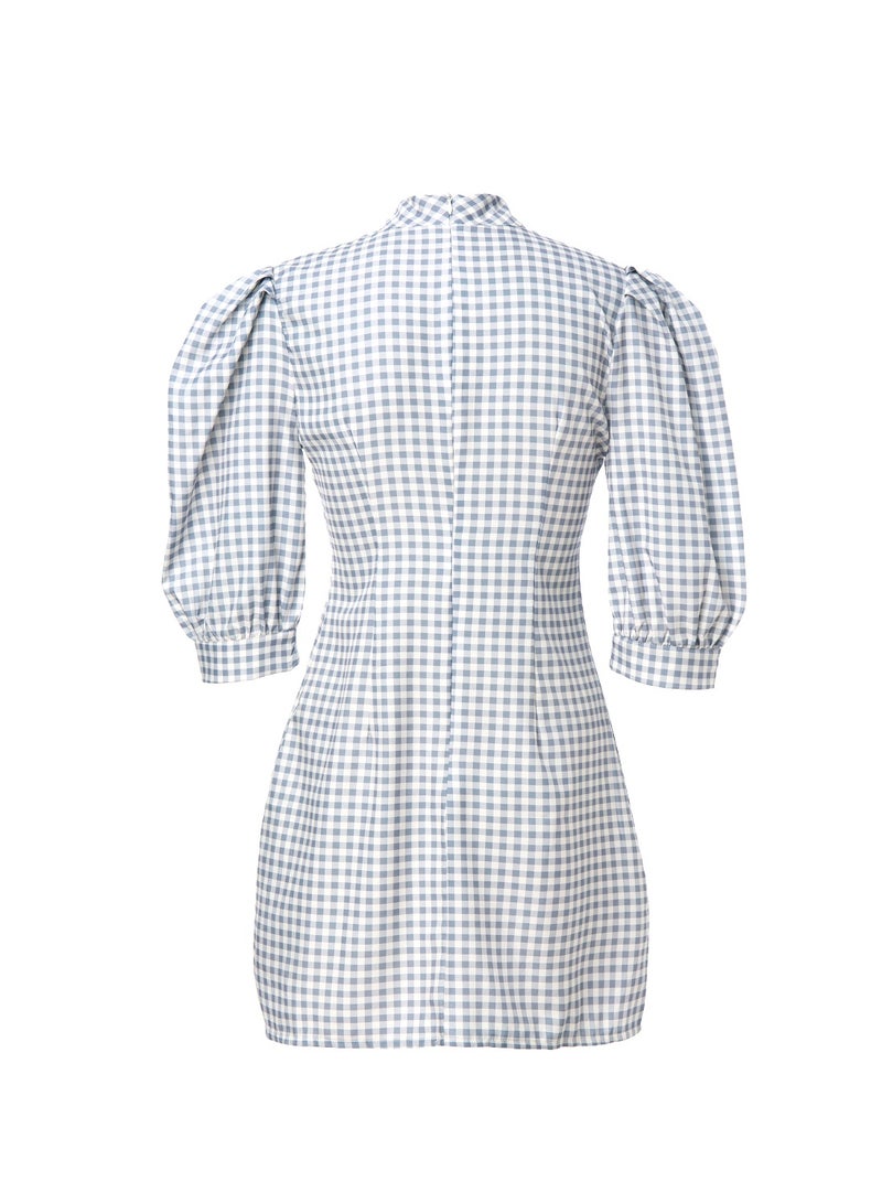 Aila Puff Sleeve Check Dress BLUE/WHITE  - Image 2
