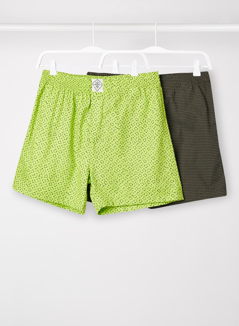 ABOF Pack of 2 Printed Boxer Casual Shorts Light Green/White/Black  - Image 1