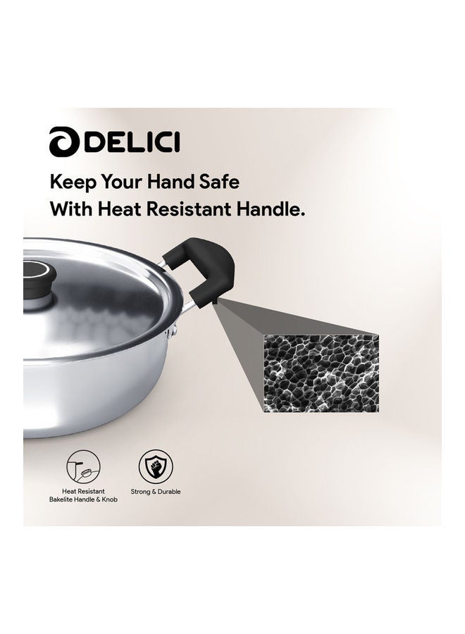 DELICI Stainless Steel Kadai Pan 22cm (DKP 22B), Heat Resistant Handle & Knob, Premium Lid, Flared Rim, Heavy Base Sandwich Bottom, 304 Grade, Sleek Exterior, Oven Safe, Non-Stick Interior, Corrosion Resistant, Dishwasher Safe Silver 22cmcm  - Image 2