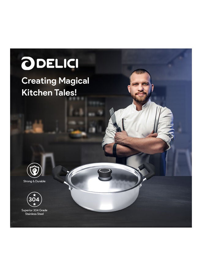 DELICI Stainless Steel Kadai Pan 22cm (DKP 22B), Heat Resistant Handle & Knob, Premium Lid, Flared Rim, Heavy Base Sandwich Bottom, 304 Grade, Sleek Exterior, Oven Safe, Non-Stick Interior, Corrosion Resistant, Dishwasher Safe Silver 22cmcm  - Image 4