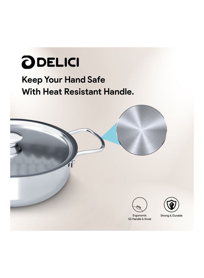 DELICI Stainless Steel Kadai Pan 22cm (DKP 22W), Well Polished Exterior, Non-Stick Interior, Oven Safe, Dishwasher Safe, 304 Grade, Ergonomic Handle, Premium Lid, Heavy Base Sandwich Bottom, Strong & Durable Stainless Steel 22cm  - Image 4