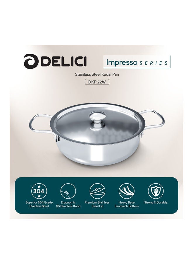 DELICI Stainless Steel Kadai Pan 22cm (DKP 22W), Well Polished Exterior, Non-Stick Interior, Oven Safe, Dishwasher Safe, 304 Grade, Ergonomic Handle, Premium Lid, Heavy Base Sandwich Bottom, Strong & Durable Stainless Steel 22cm  - Image 2
