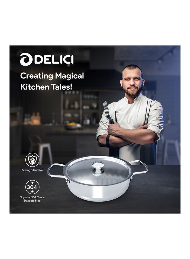 DELICI Stainless Steel Kadai Pan 22cm (DKP 22W), Well Polished Exterior, Non-Stick Interior, Oven Safe, Dishwasher Safe, 304 Grade, Ergonomic Handle, Premium Lid, Heavy Base Sandwich Bottom, Strong & Durable Stainless Steel 22cm  - Image 3