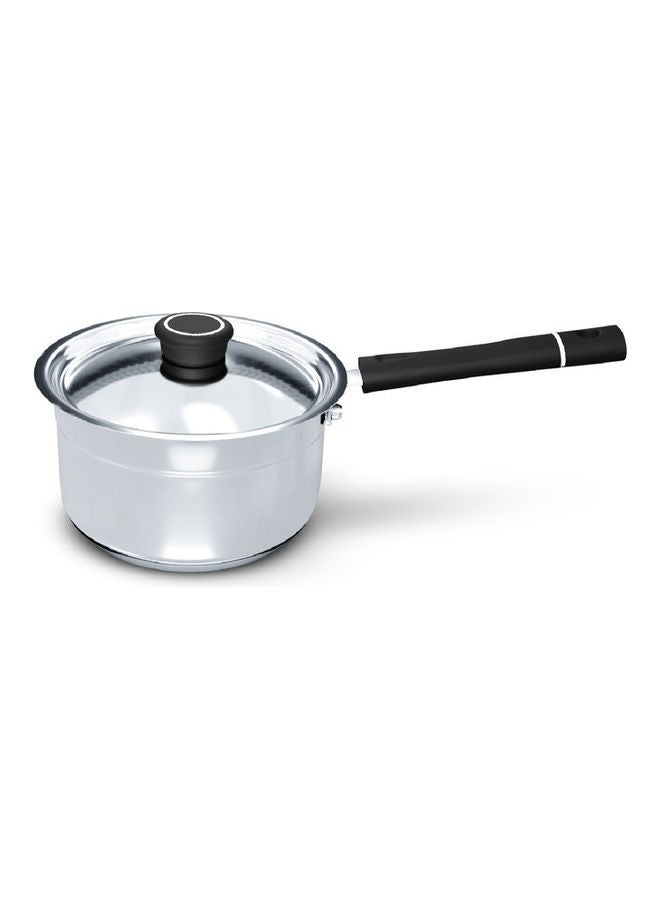 DELICI Stainless Steel Milk Pan 16cm (DMP 16B), Heat Resistant Handle & Knob, Premium Lid, Easy To Pour Flared Rim, Heavy Base Sandwich Bottom, 304 Grade, Sleek Exterior, Oven Safe, Non-Stick Interior Silver/Black 16cm  - Image 1