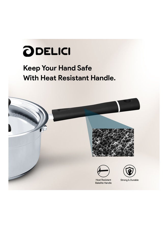 DELICI Stainless Steel Milk Pan 16cm (DMP 16B), Heat Resistant Handle & Knob, Premium Lid, Easy To Pour Flared Rim, Heavy Base Sandwich Bottom, 304 Grade, Sleek Exterior, Oven Safe, Non-Stick Interior Silver/Black 16cm  - Image 3