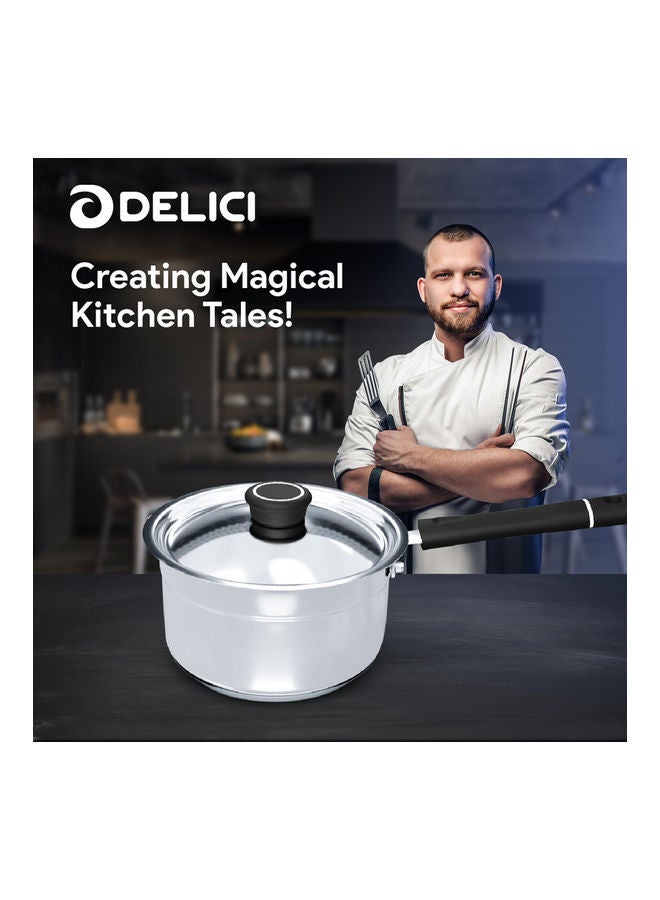 DELICI Stainless Steel Milk Pan 16cm (DMP 16B), Heat Resistant Handle & Knob, Premium Lid, Easy To Pour Flared Rim, Heavy Base Sandwich Bottom, 304 Grade, Sleek Exterior, Oven Safe, Non-Stick Interior Silver/Black 16cm  - Image 4