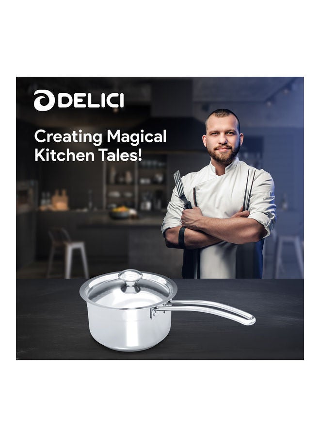 DELICI Stainless Steel Milk Pan 16cm (DMP 16W), Well Polished Exterior, Non-Stick Interior, Oven Safe, Dishwasher Safe, 304 Grade, Ergonomic Handle, Heavy Base Sandwich Bottom, Strong & Durable Silver 16cm  - Image 3