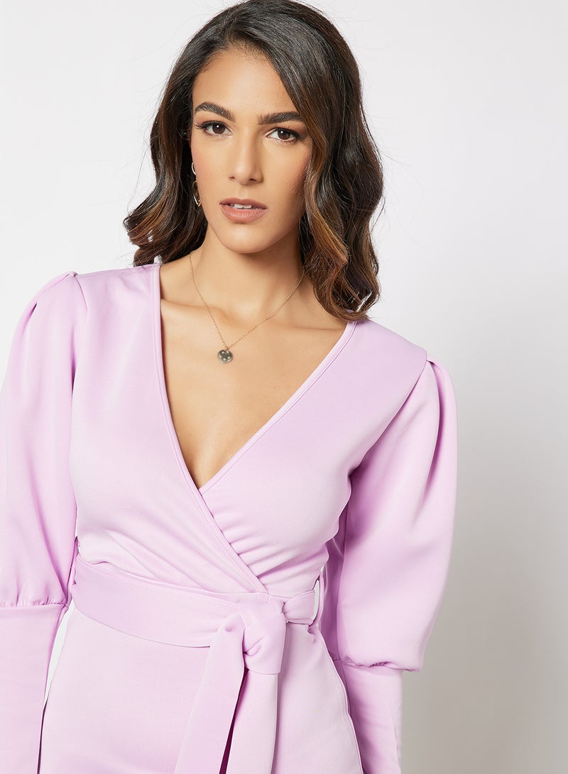 Aila - Puff Sleeve Self Tie Mini Dress Light Purple - Image 1