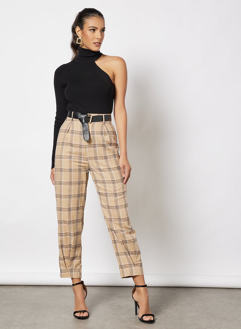 Aila - Women High Rise Irregular Check Pants Beige - Image 1