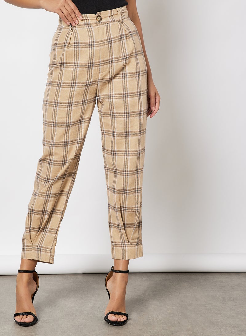 Aila - Women High Rise Irregular Check Pants Beige - Image 1