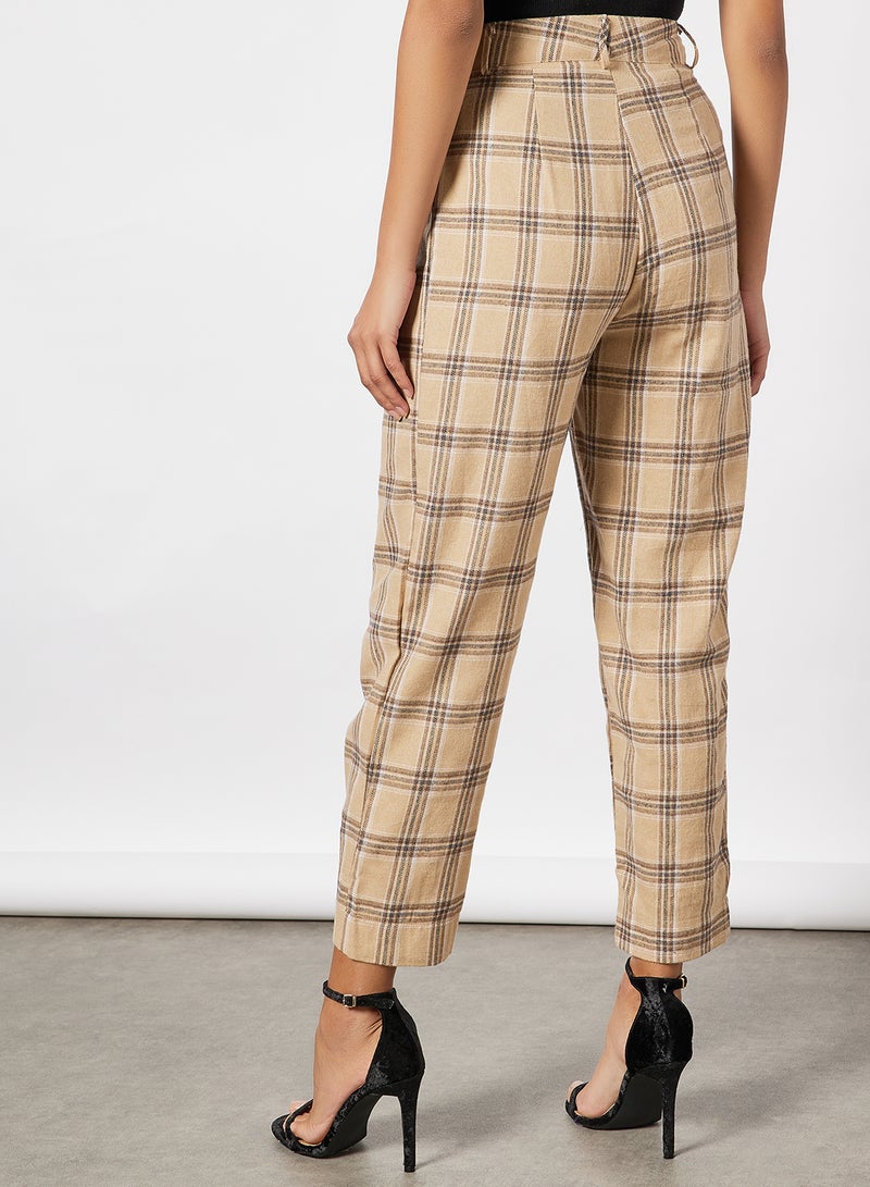 Aila - Women High Rise Irregular Check Pants Beige - Image 1