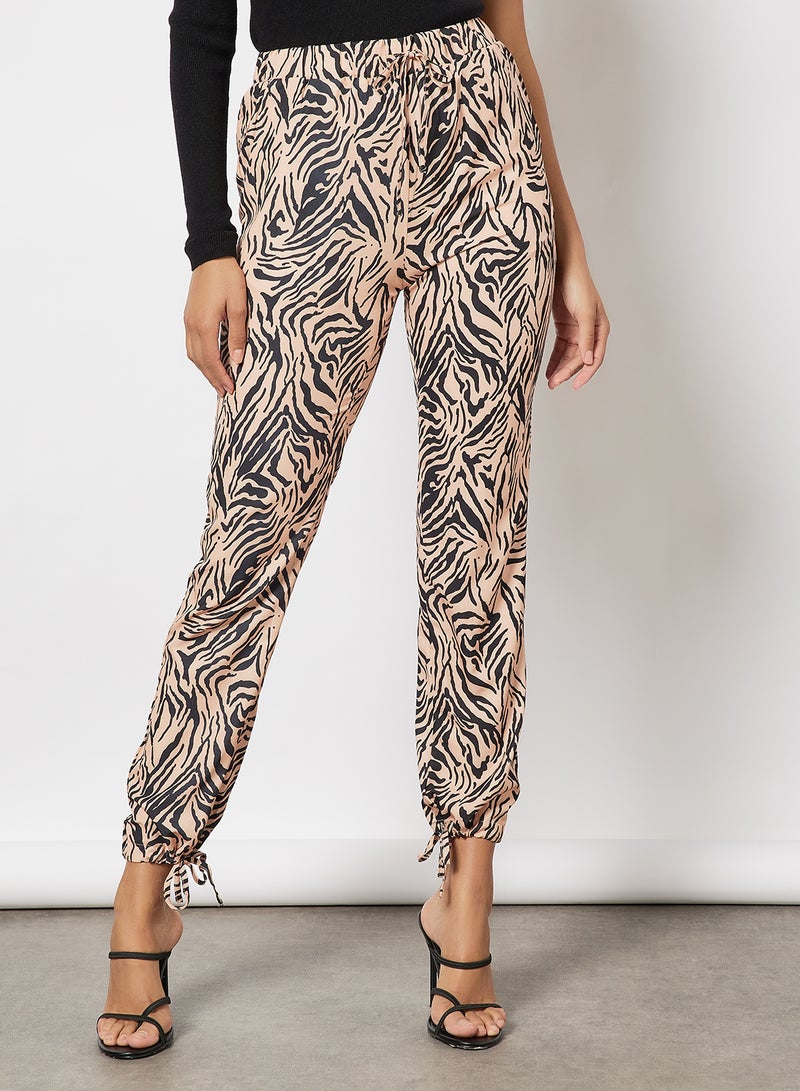 Women All Over Print Bodycon Bowknot Bottom Hem Pant Brown - v1642063511/N48510481V_1